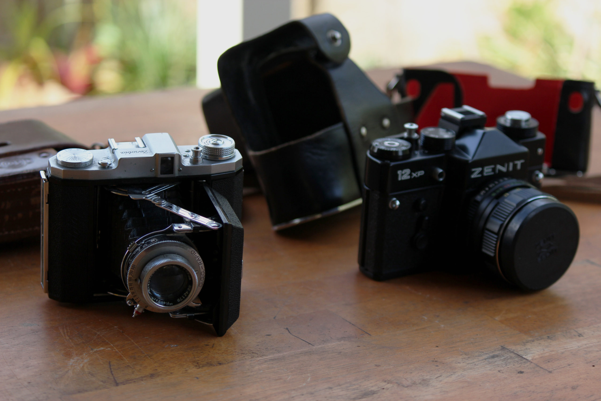 Vintage cameras on a table