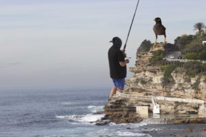 A photo manipulation of birds, a person fishing, and a cliff face