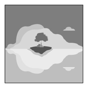Black and white graphic of a tree on an island