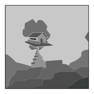 Black and white graphic of a treehouse